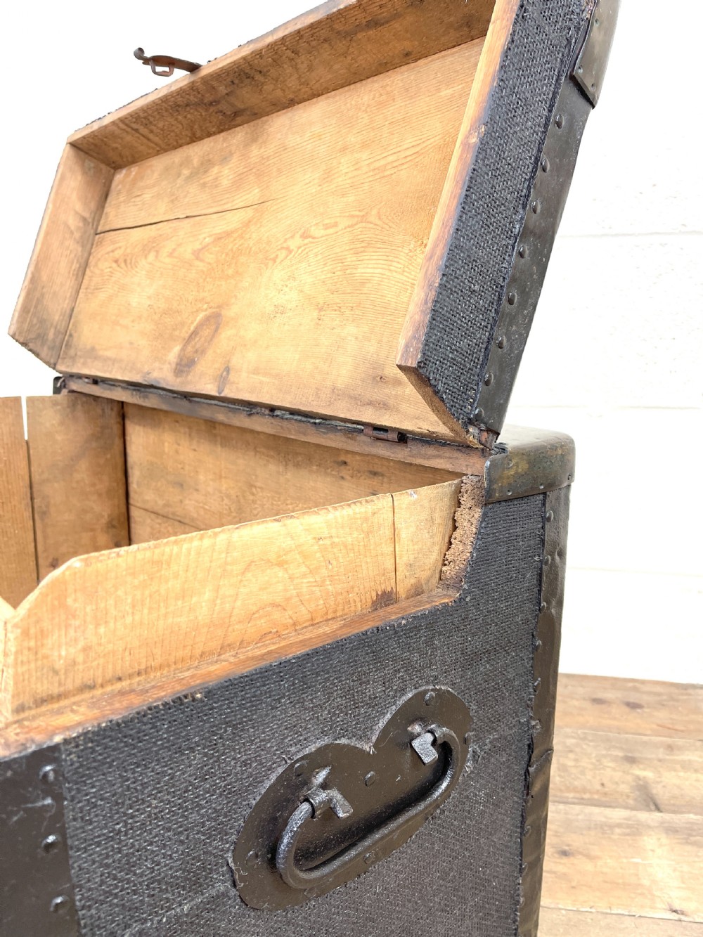 Antique 19th Century Canvas and Metal Bound Trunk View X