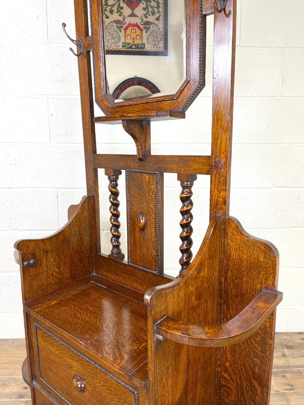 Antique Oak Hall Stand with Seat View XII