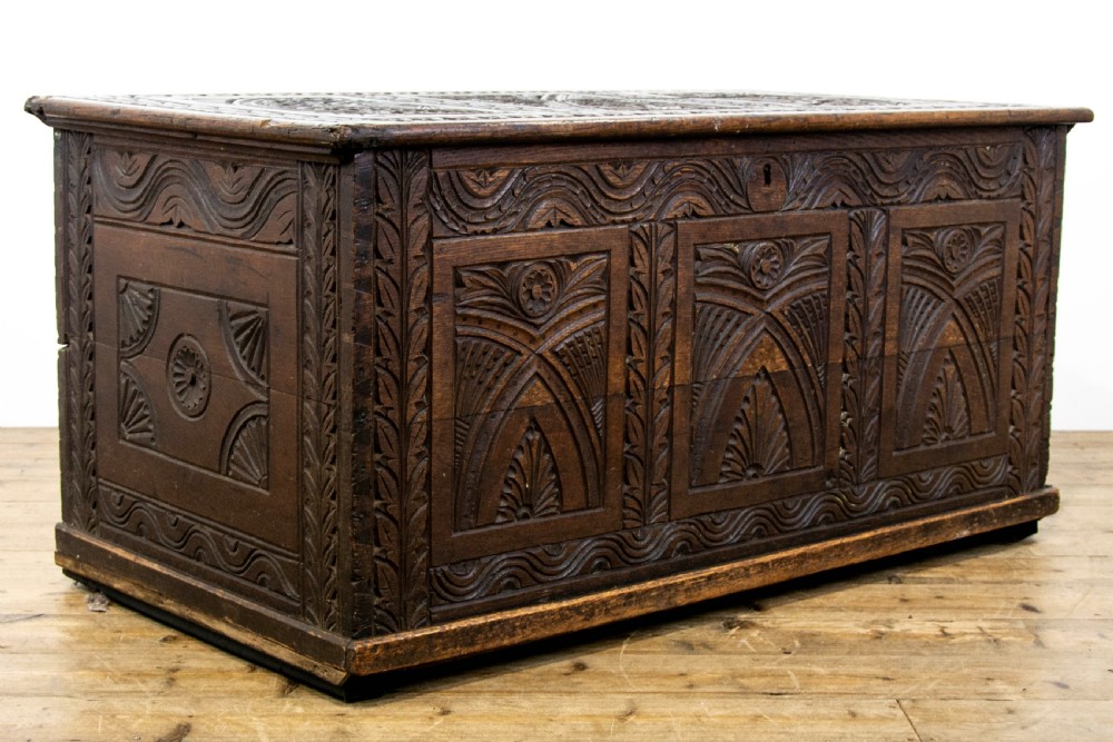19th Century Antique Carved Oak Coffer View V