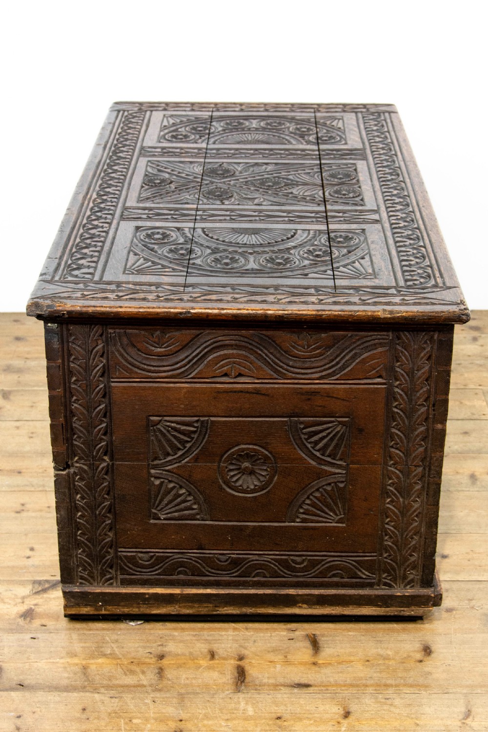 19th Century Antique Carved Oak Coffer View VI