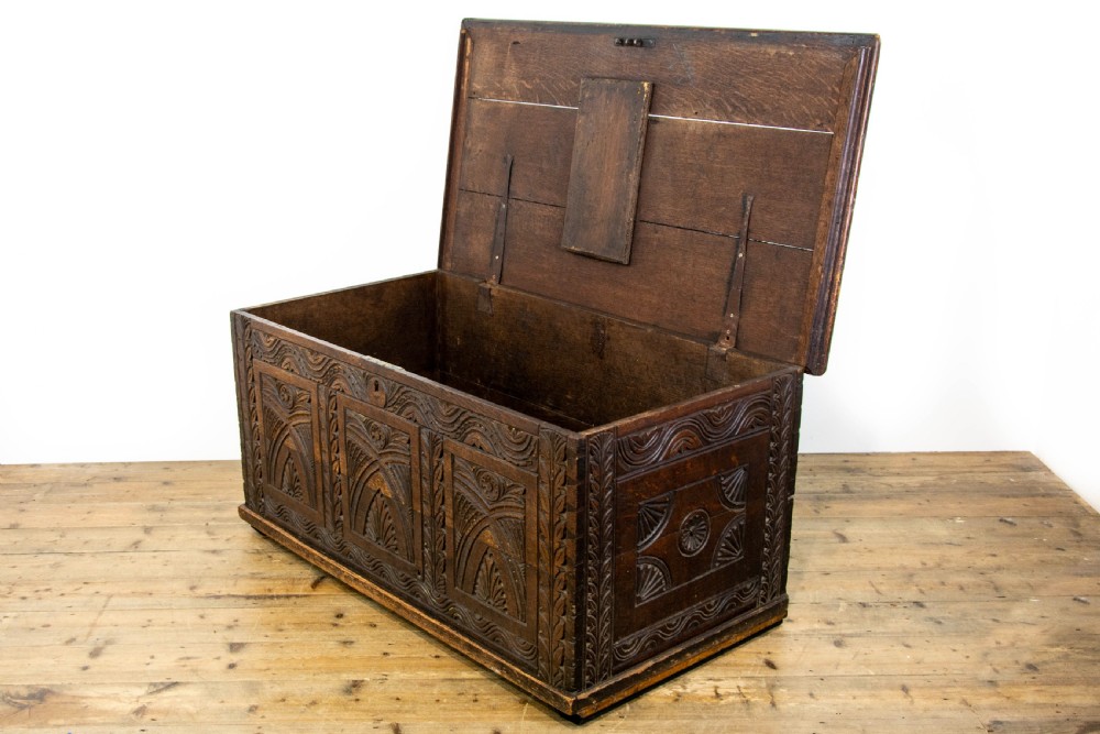 19th Century Antique Carved Oak Coffer View X