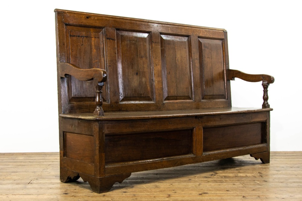 Antique Oak Settle with Panelled Back View II