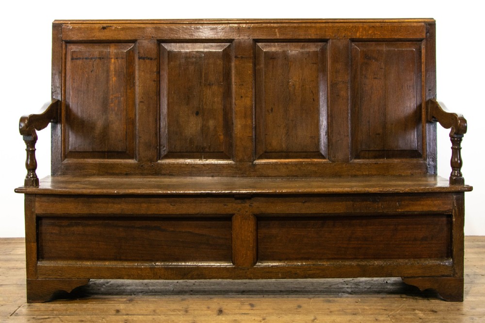 Antique Oak Settle with Panelled Back View III
