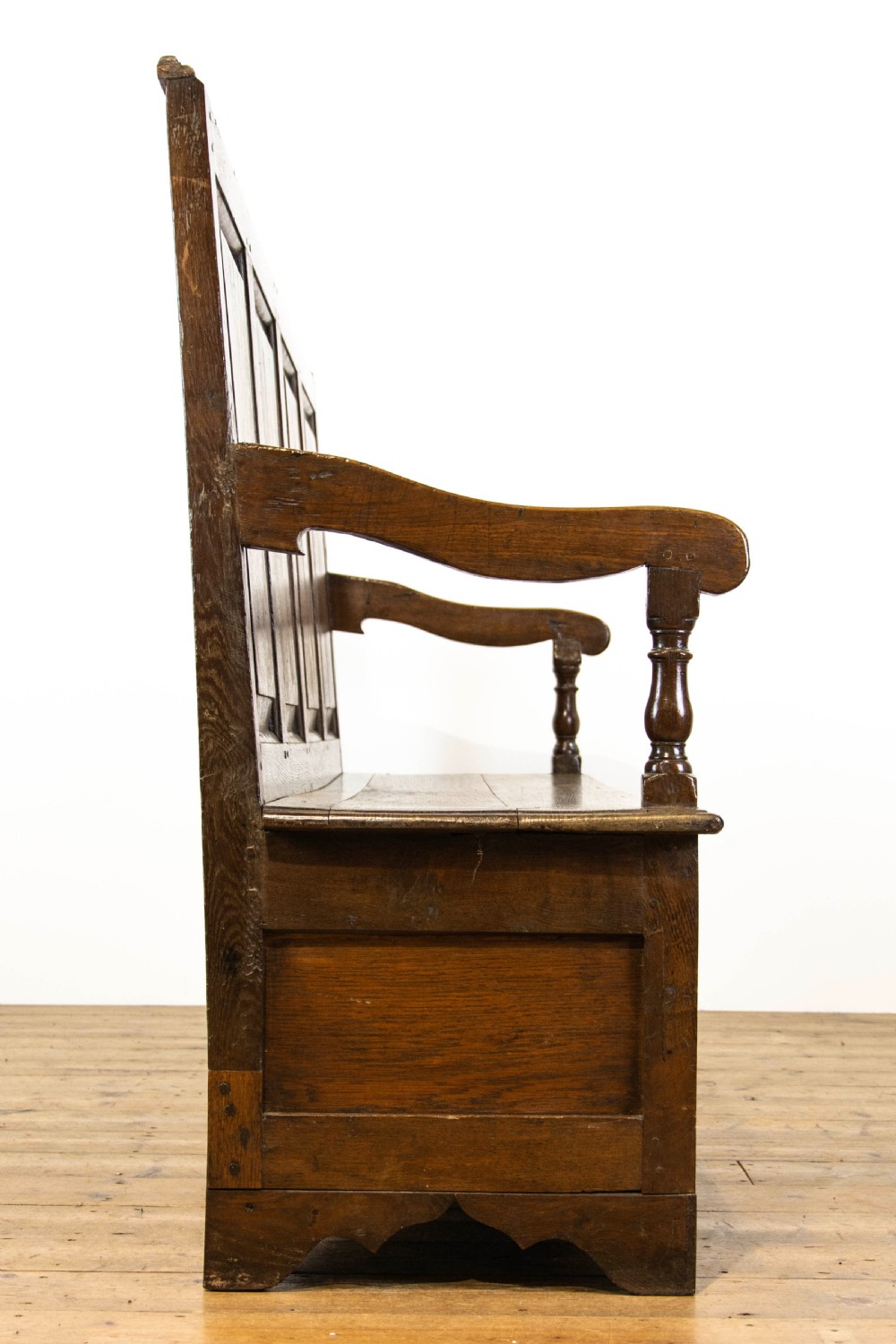 Antique Oak Settle with Panelled Back View VI