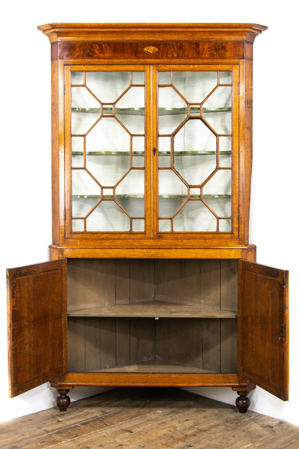 Antique Oak Glazed Corner Cupboard View V