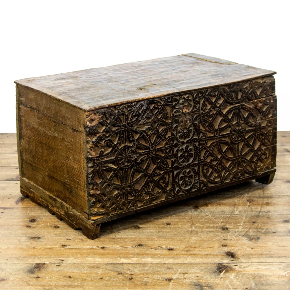 Antique Carved Oak and Deal Trunk