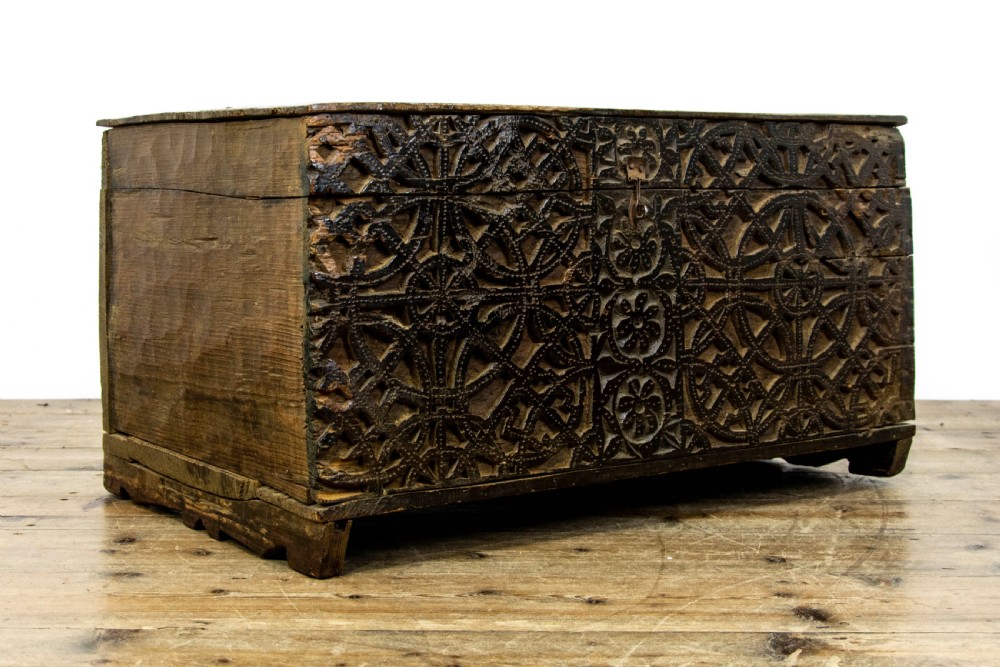 Antique Carved Oak and Deal Trunk View II