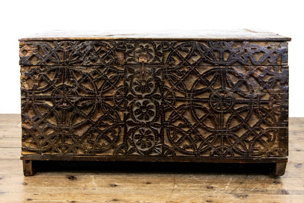 Antique Carved Oak and Deal Trunk View IV