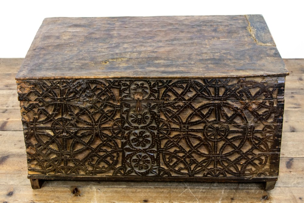 Antique Carved Oak and Deal Trunk View V