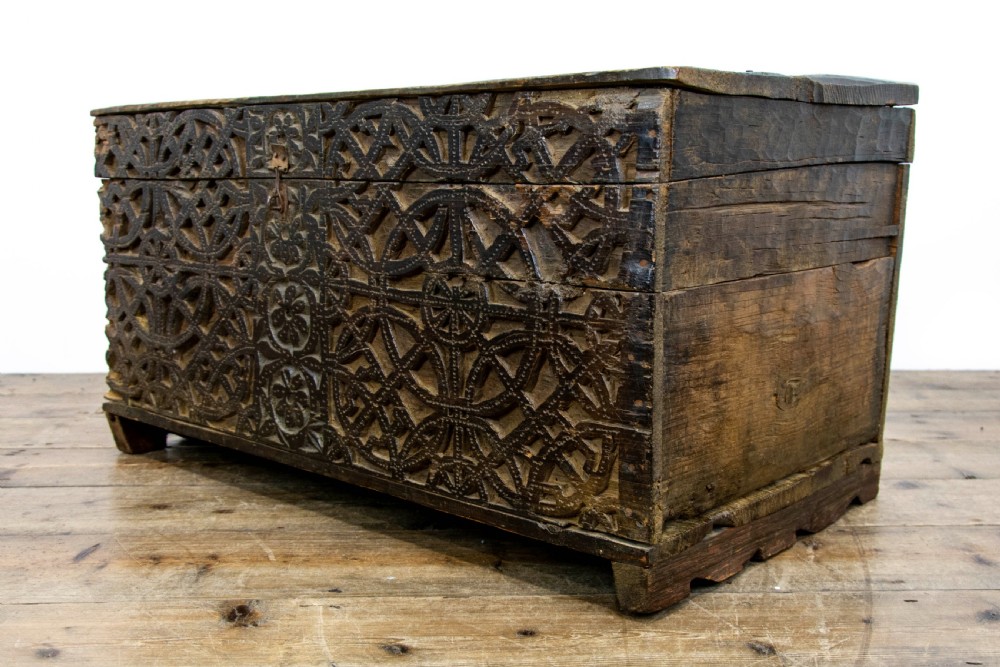Antique Carved Oak and Deal Trunk View IX
