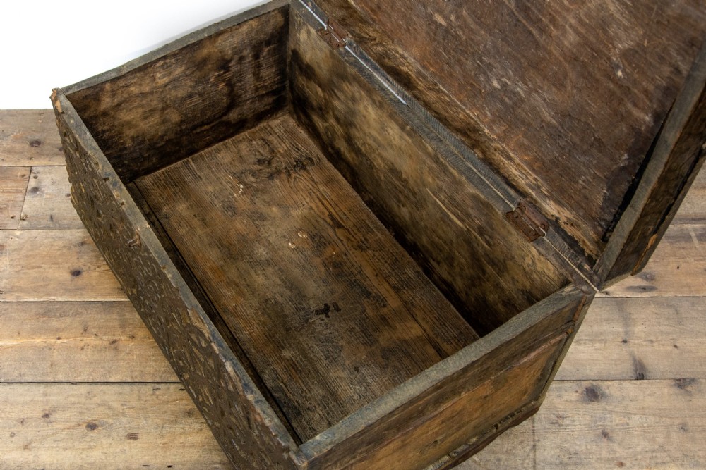 Antique Carved Oak and Deal Trunk View X