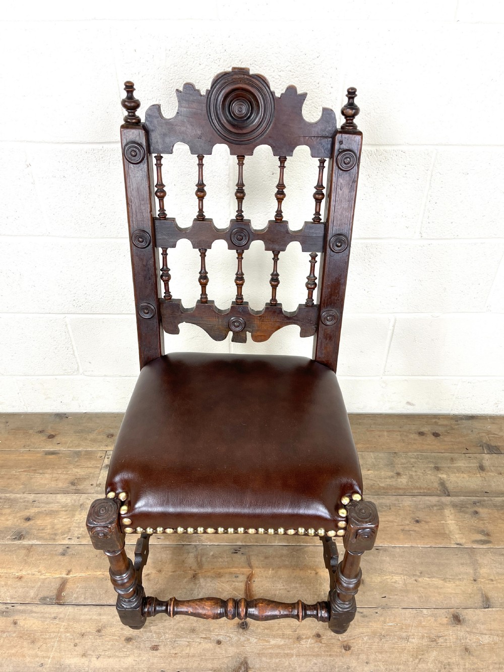 Antique Oak Chair with Leather Seat View II