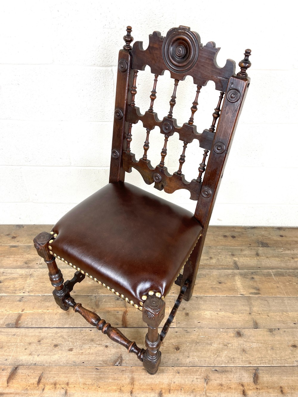 Antique Oak Chair with Leather Seat View IV