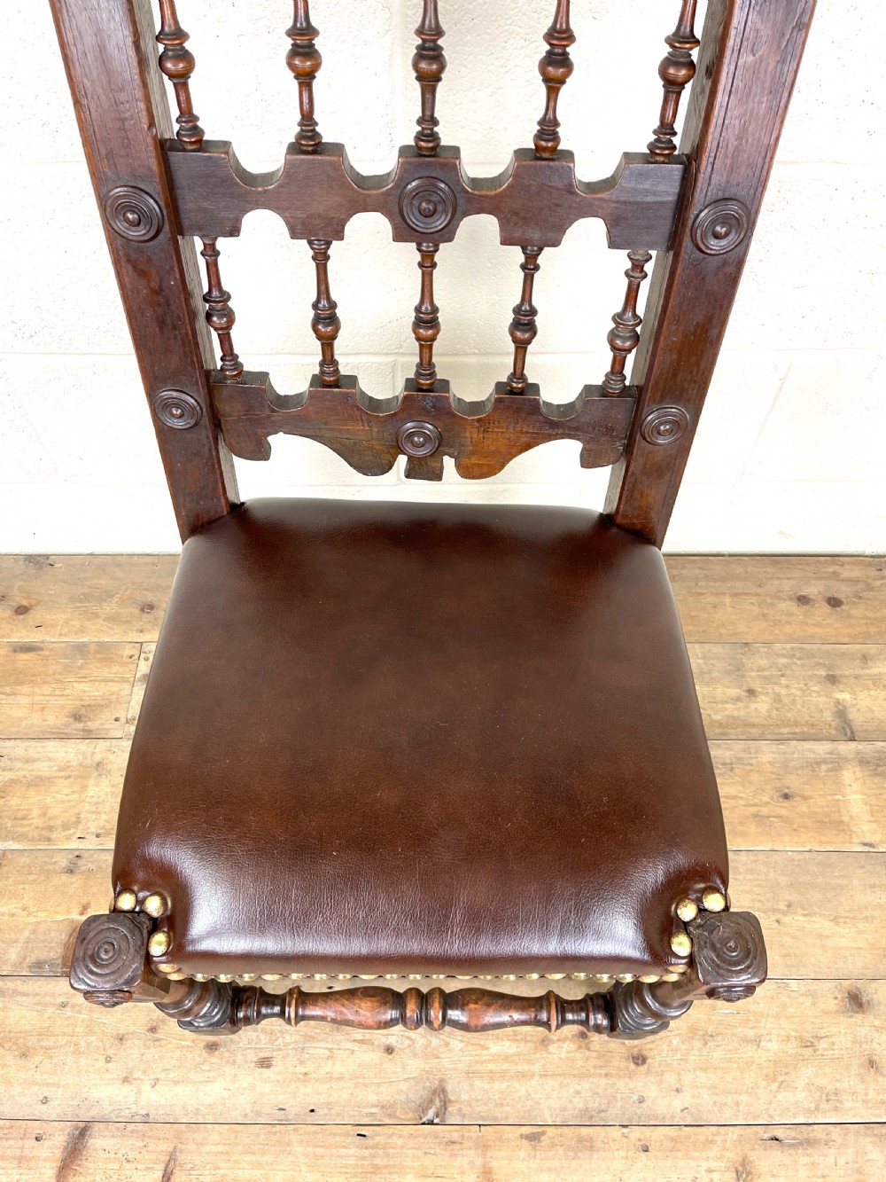 Antique Oak Chair with Leather Seat View V
