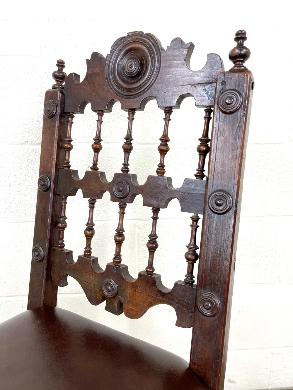 Antique Oak Chair with Leather Seat View IX