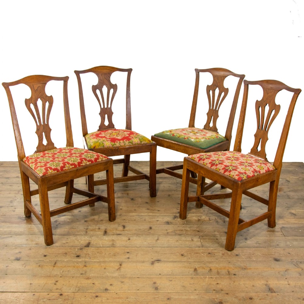 Set of Four Antique Elm Dining Chairs with Tapestry Seats