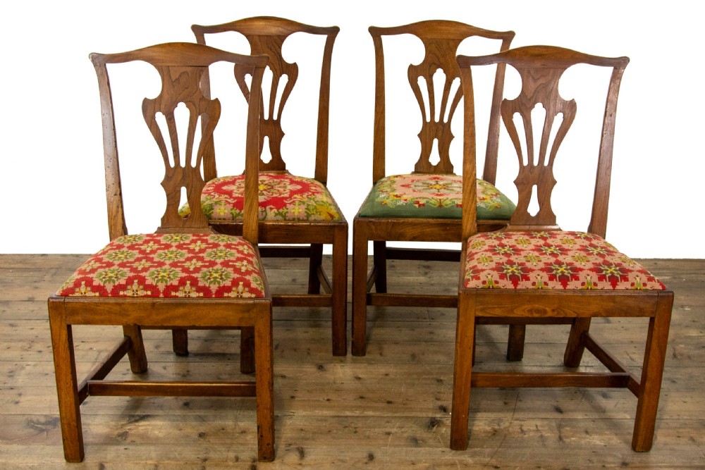 Set of Four Antique Elm Dining Chairs with Tapestry Seats View II