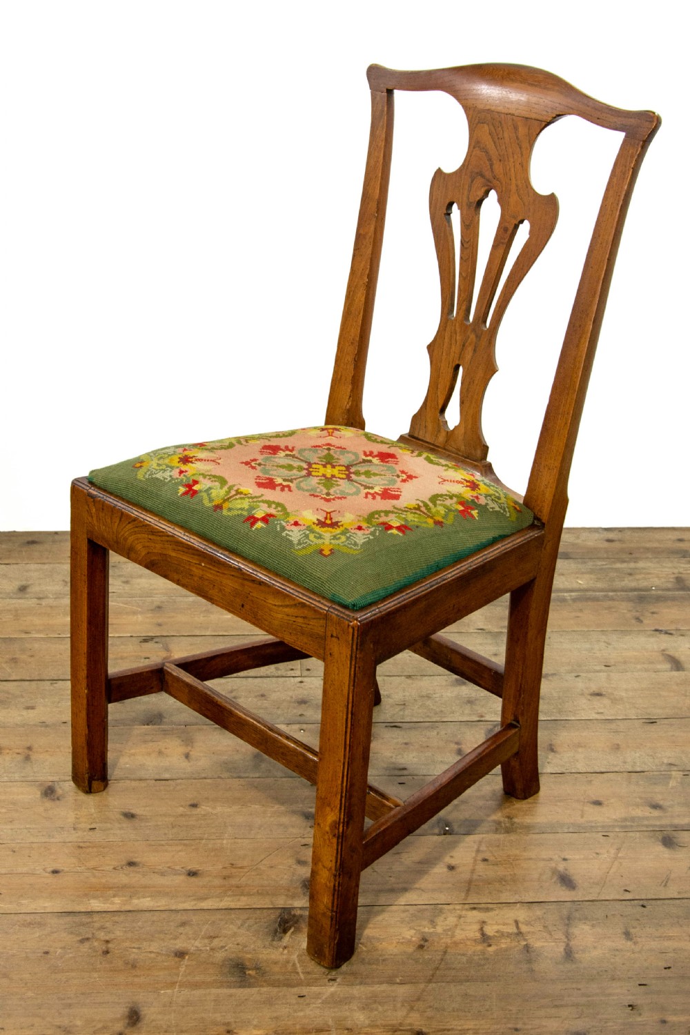 Set of Four Antique Elm Dining Chairs with Tapestry Seats View III