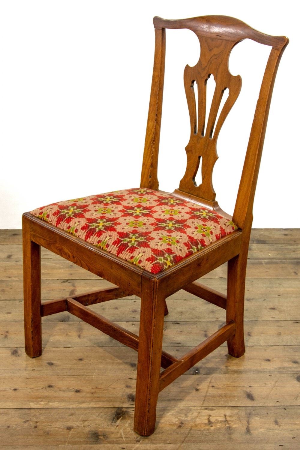Set of Four Antique Elm Dining Chairs with Tapestry Seats View IV