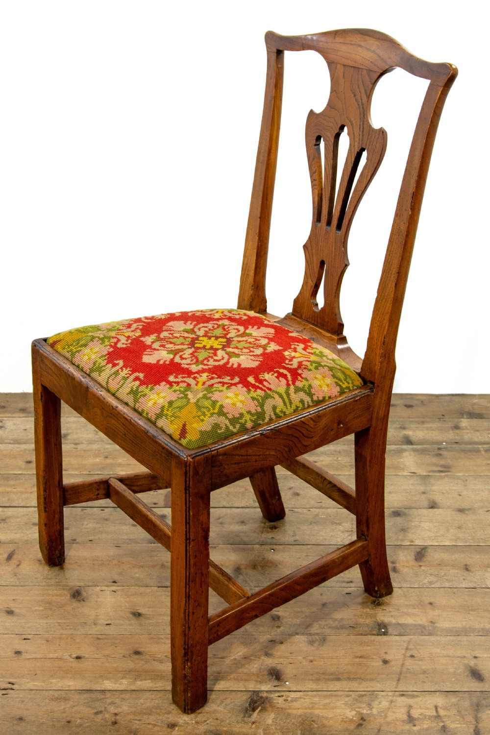 Set of Four Antique Elm Dining Chairs with Tapestry Seats View V