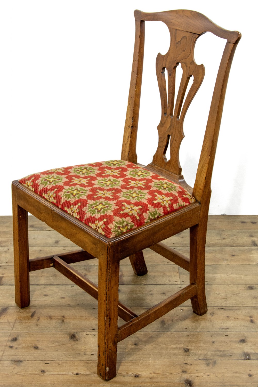 Set of Four Antique Elm Dining Chairs with Tapestry Seats View VI