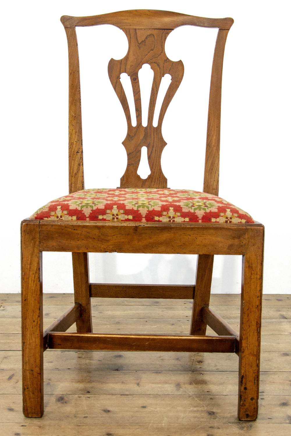Set of Four Antique Elm Dining Chairs with Tapestry Seats View VII