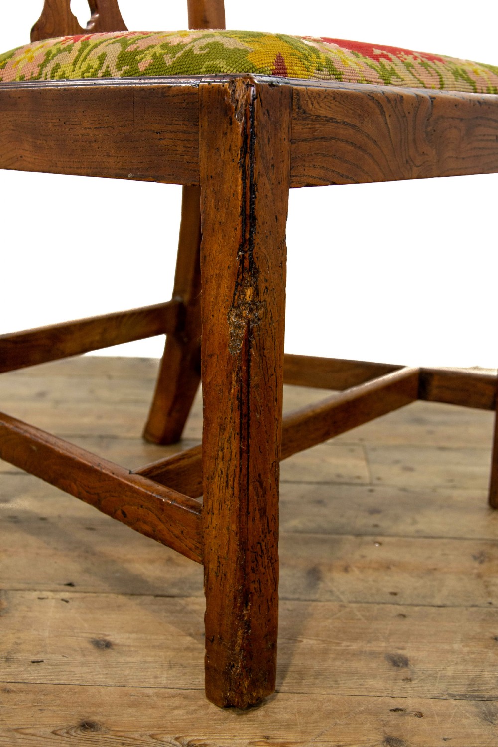 Set of Four Antique Elm Dining Chairs with Tapestry Seats View XIII