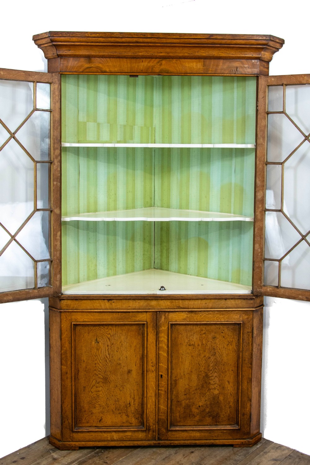 Antique Georgian Oak Corner Cupboard with Glazed Top View VI