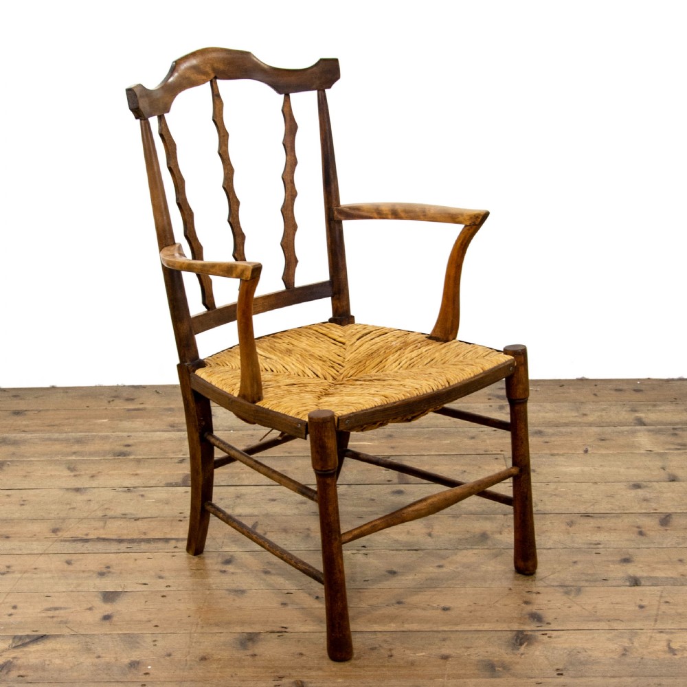 Antique Arts and Crafts Elm and Rush Elbow Chair