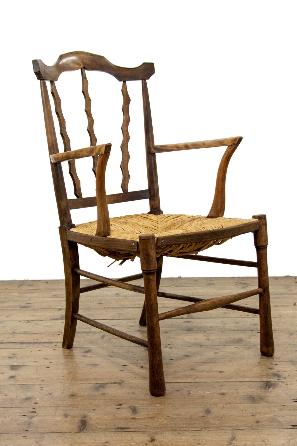 Antique Arts and Crafts Elm and Rush Elbow Chair View II