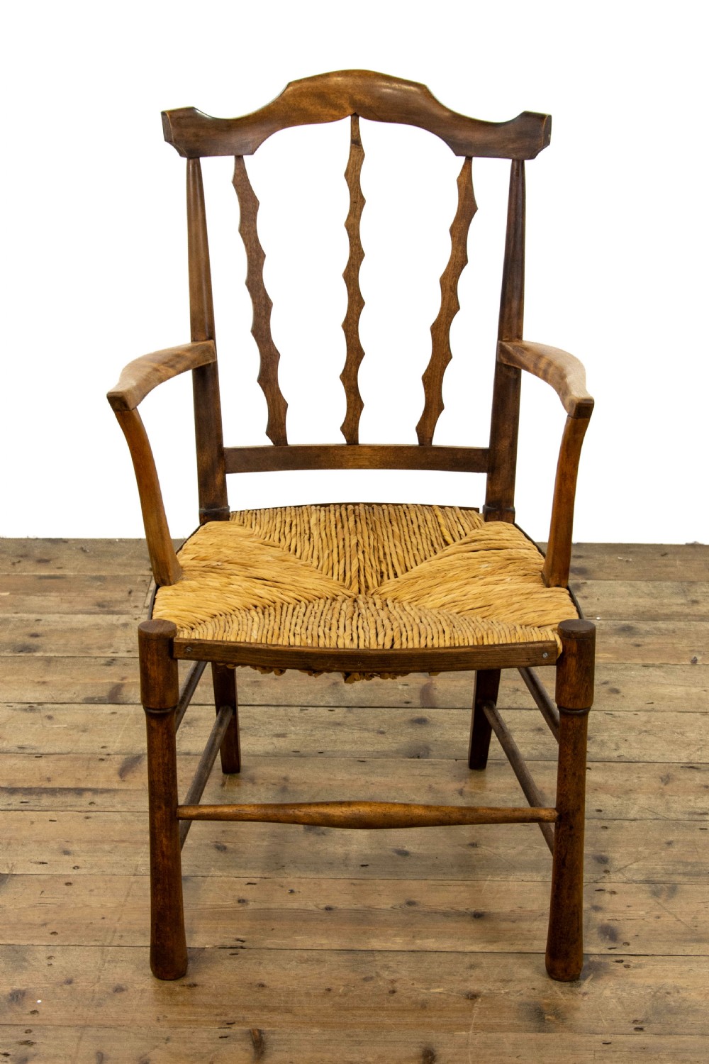Antique Arts and Crafts Elm and Rush Elbow Chair View IV