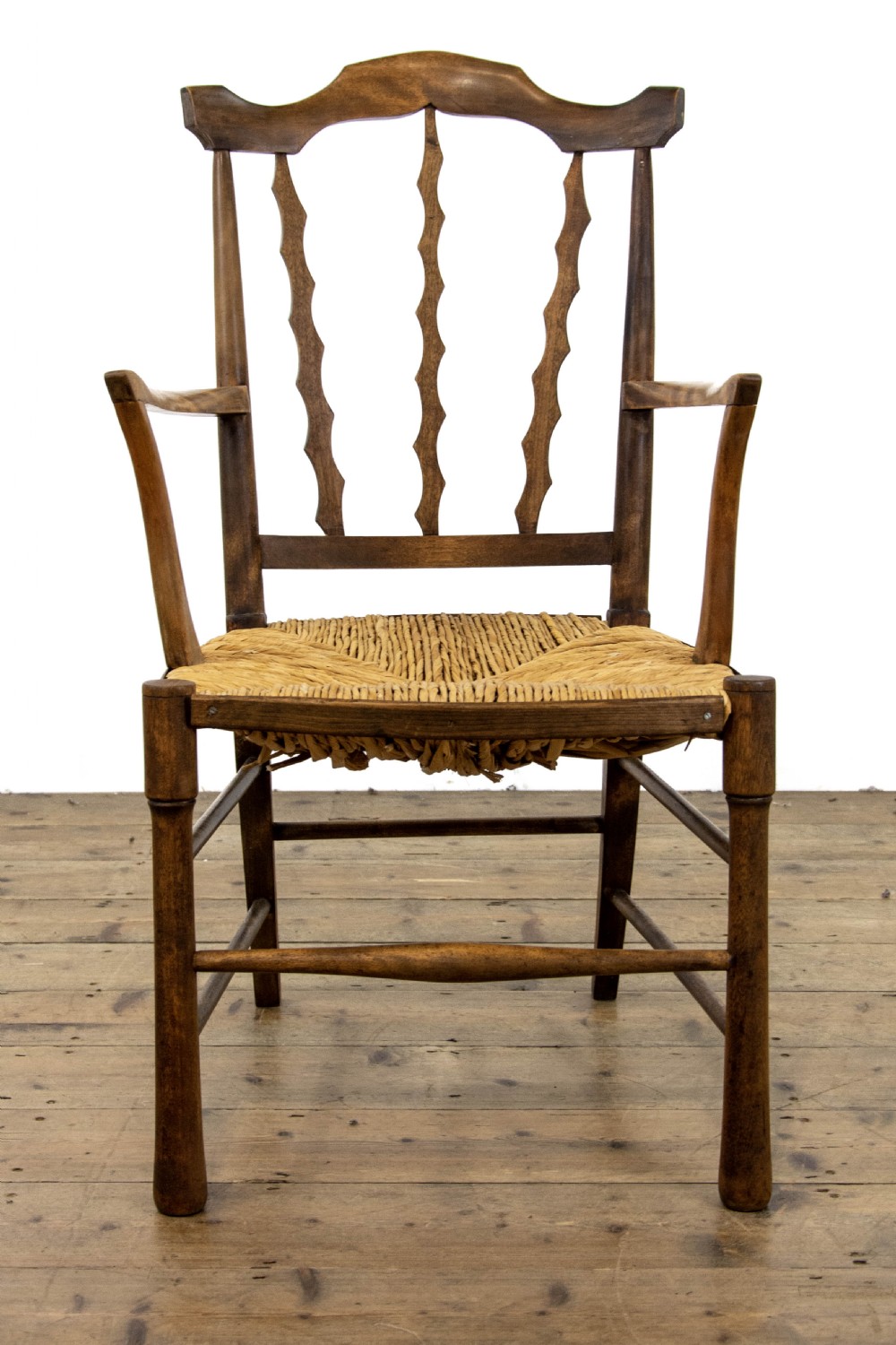 Antique Arts and Crafts Elm and Rush Elbow Chair View V