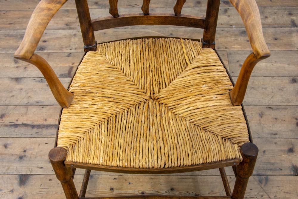Antique Arts and Crafts Elm and Rush Elbow Chair View VI
