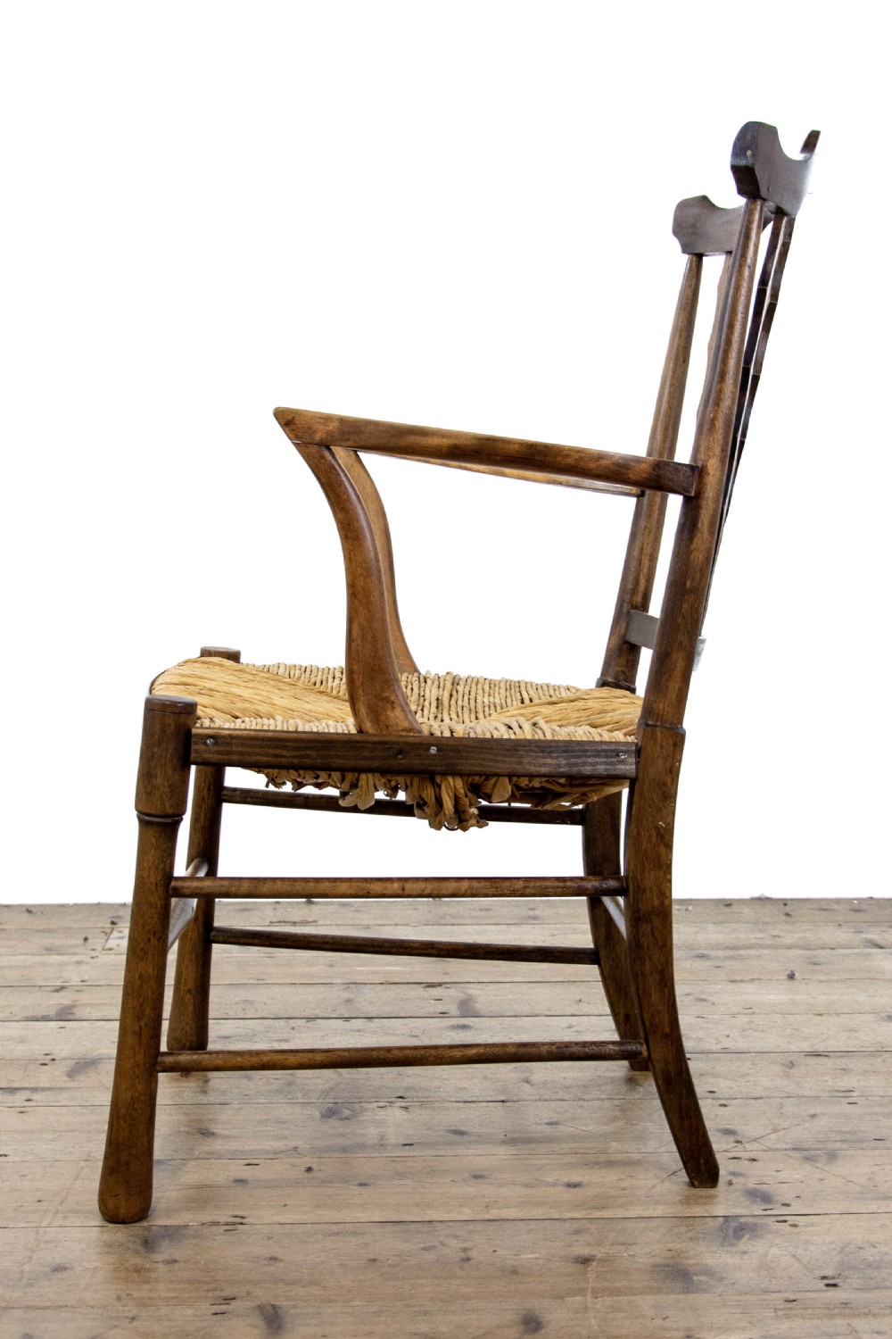 Antique Arts and Crafts Elm and Rush Elbow Chair View VIII