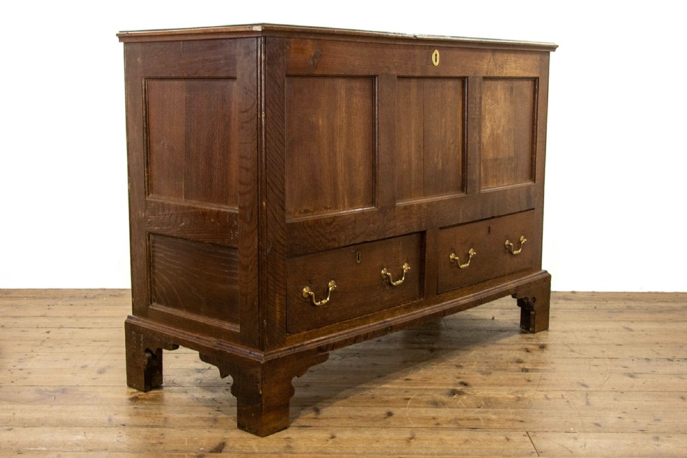 An antique dark oak mule chest featuring three recessed front panels, two lower drawers with brass swan-neck handles, and bracket feet. View IV
