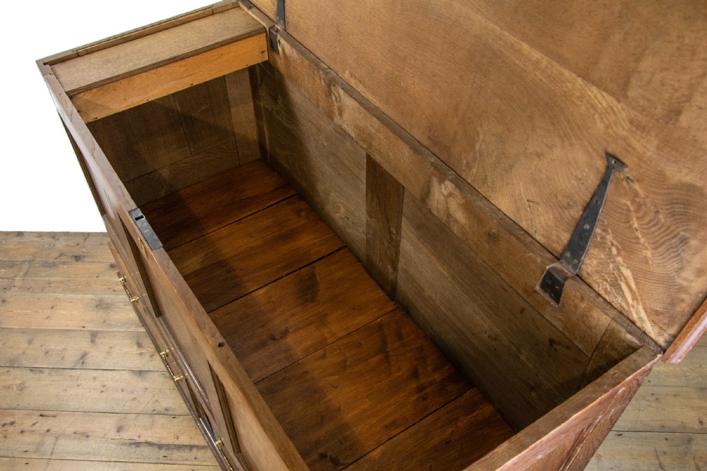 An antique dark oak mule chest featuring three recessed front panels, two lower drawers with brass swan-neck handles, and bracket feet. View X