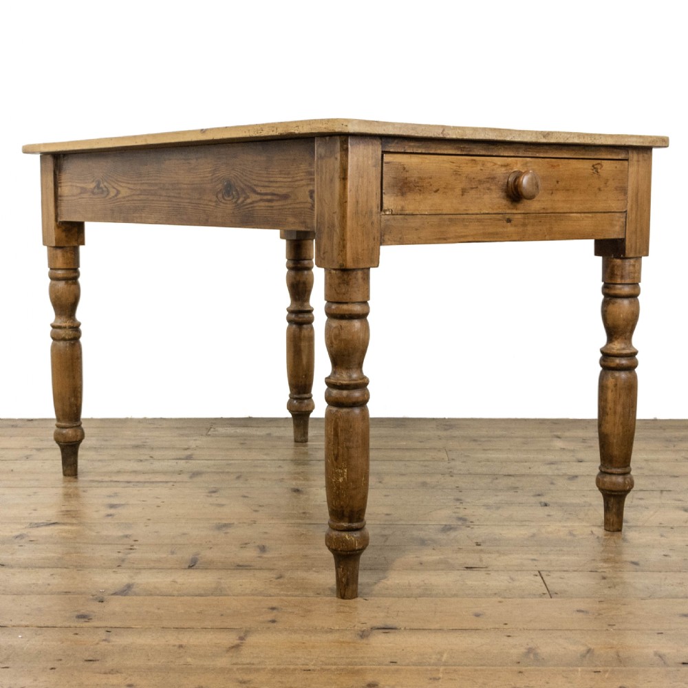 Antique Pine Farmhouse Kitchen Table with Drawer