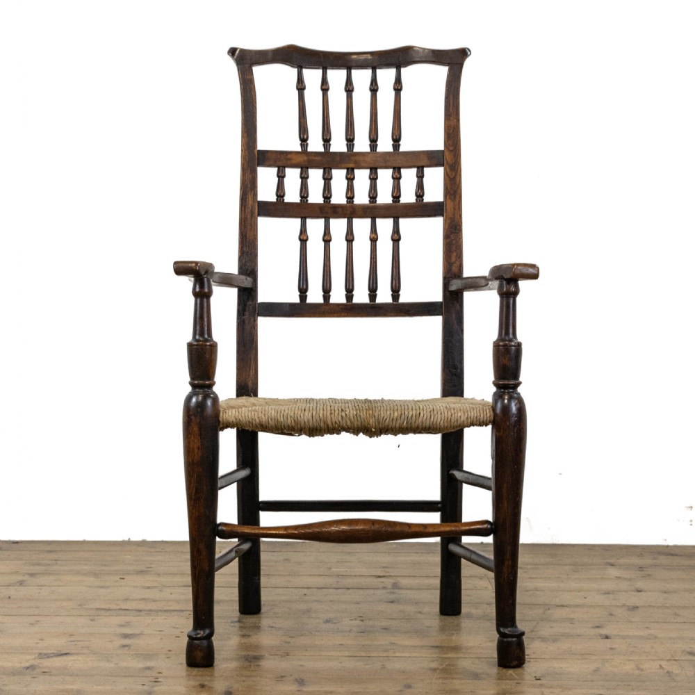 Antique Elm Elbow Chair with Rush Seat View III