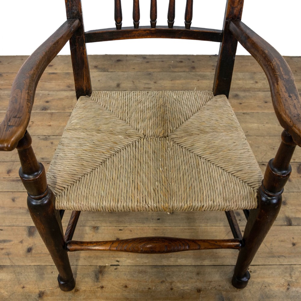 Antique Elm Elbow Chair with Rush Seat View IV