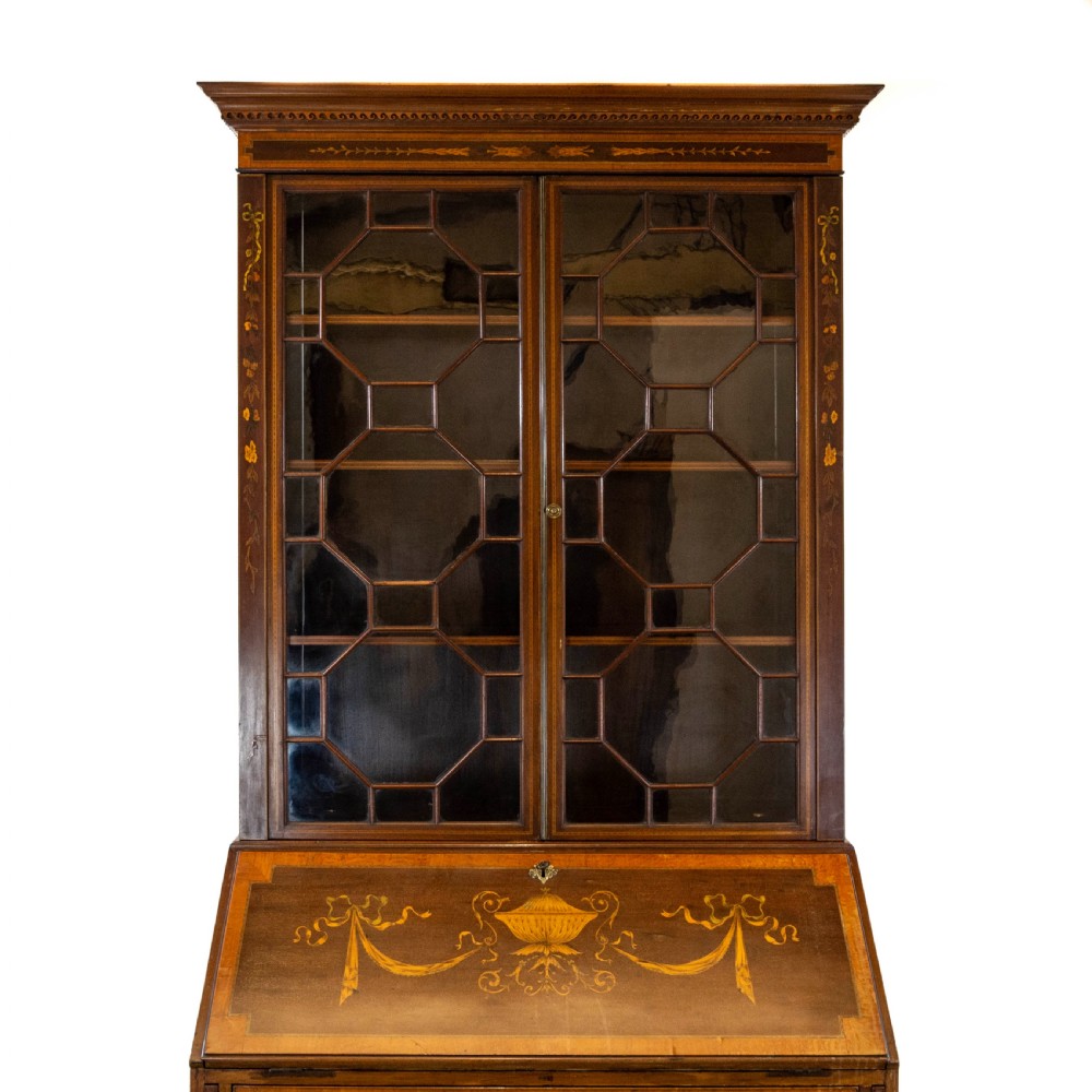Edwardian Inlaid Mahogany Fall Front Bureau with Glazed Top View II