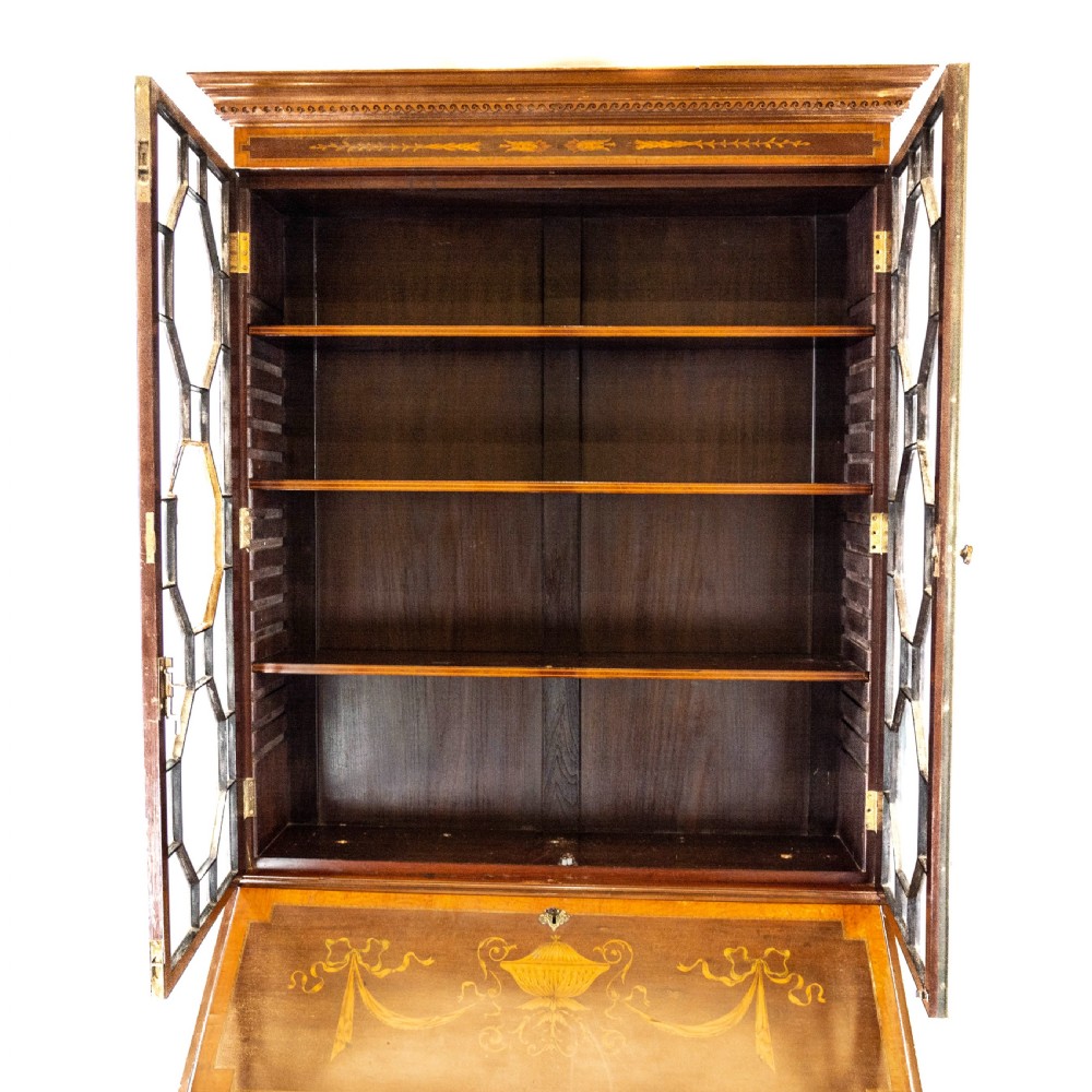Edwardian Inlaid Mahogany Fall Front Bureau with Glazed Top View VIII
