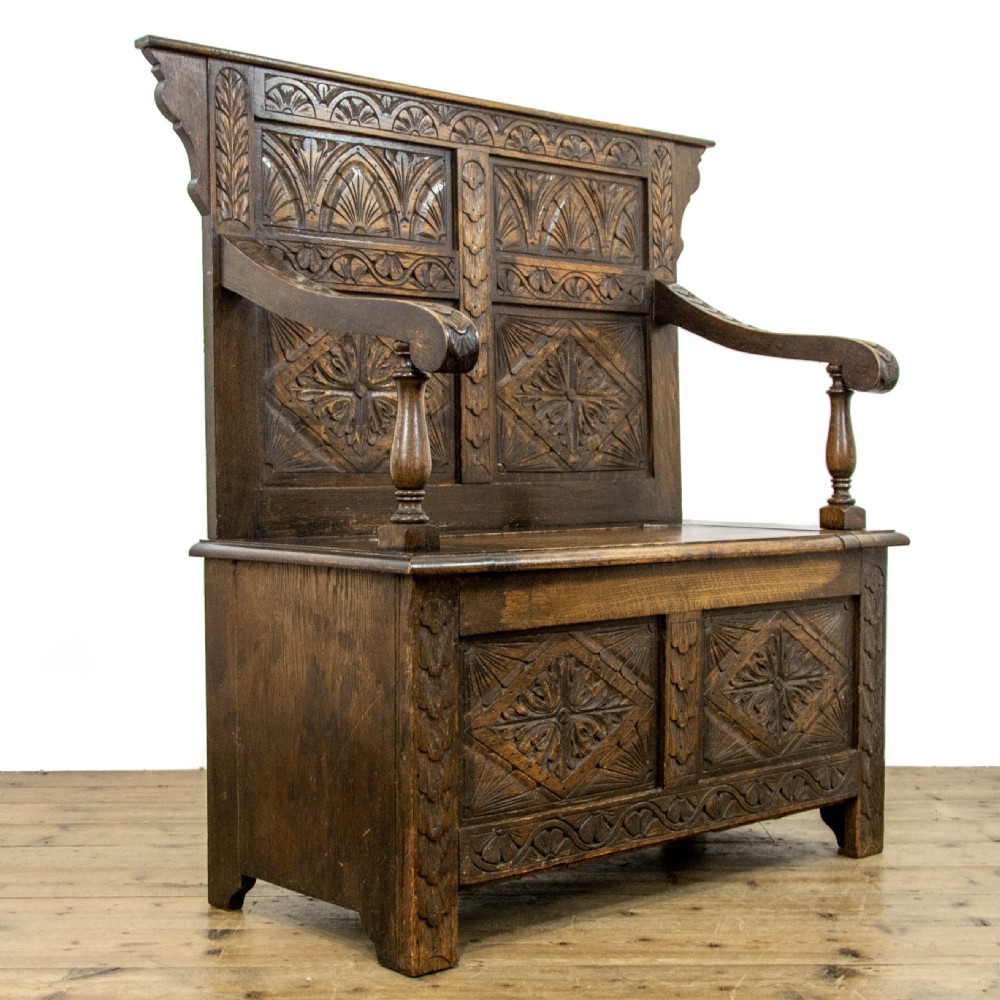 Small Antique Oak Settle with Carved Back View II