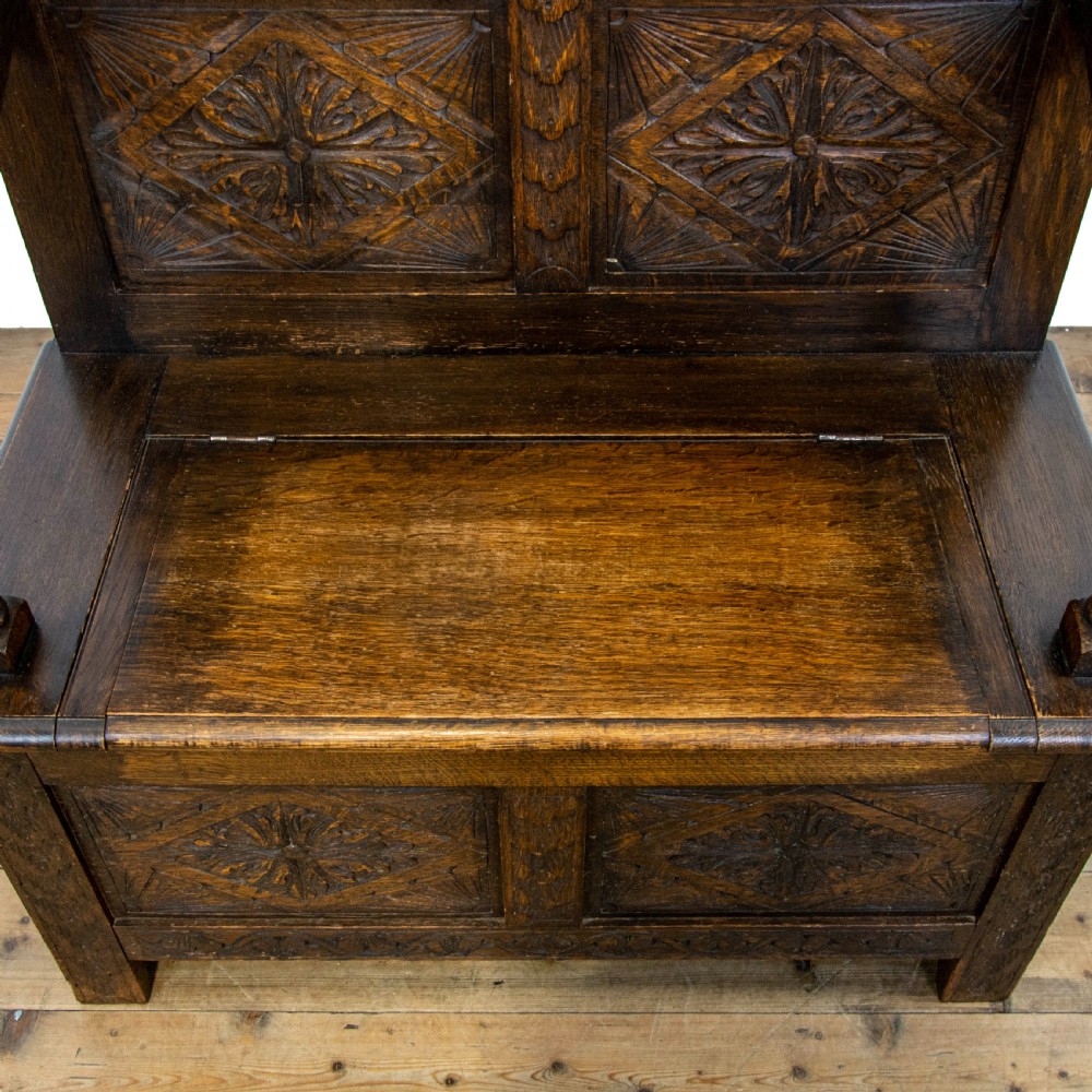 Small Antique Oak Settle with Carved Back View IV