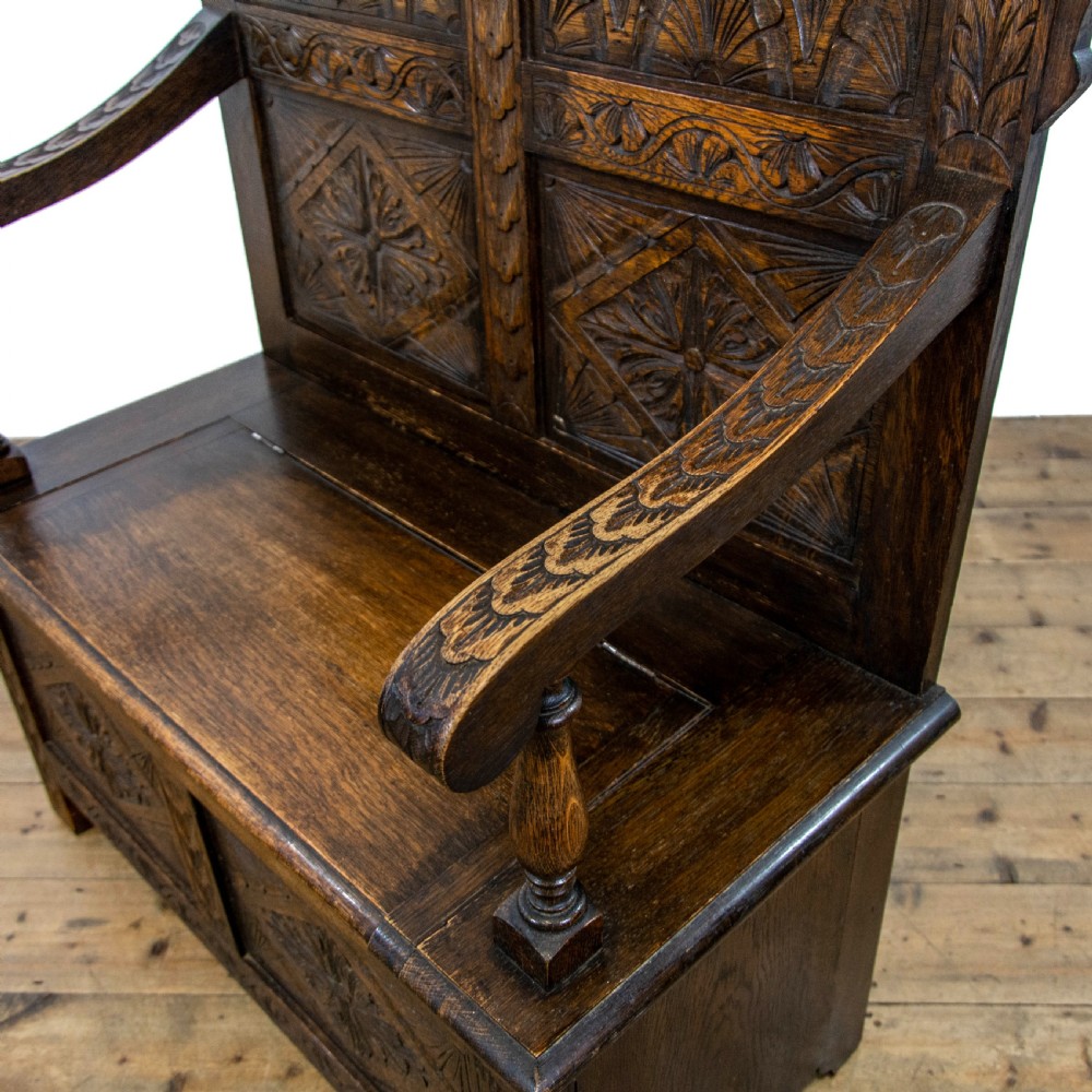 Small Antique Oak Settle with Carved Back View V