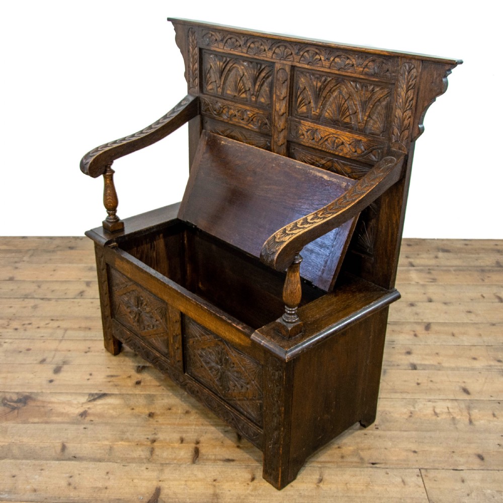 Small Antique Oak Settle with Carved Back View VI