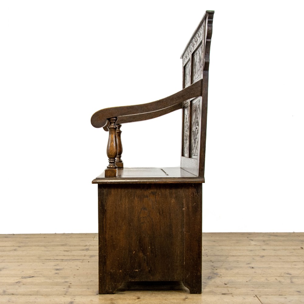 Small Antique Oak Settle with Carved Back View VIII
