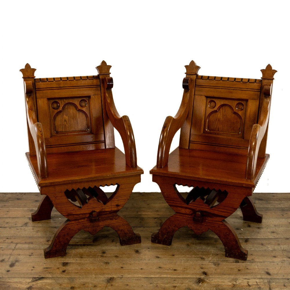 Pair of Antique Pitch Pine Church Chairs