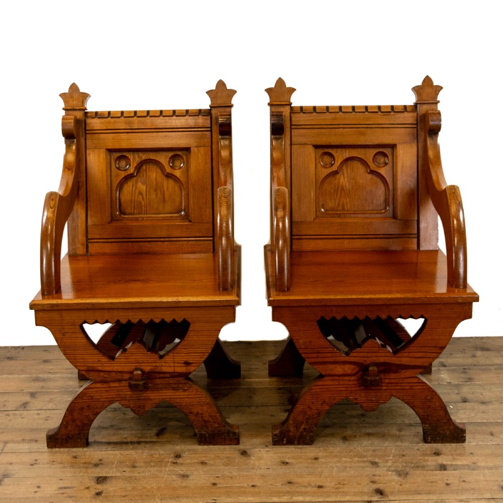 Pair of Antique Pitch Pine Church Chairs View II