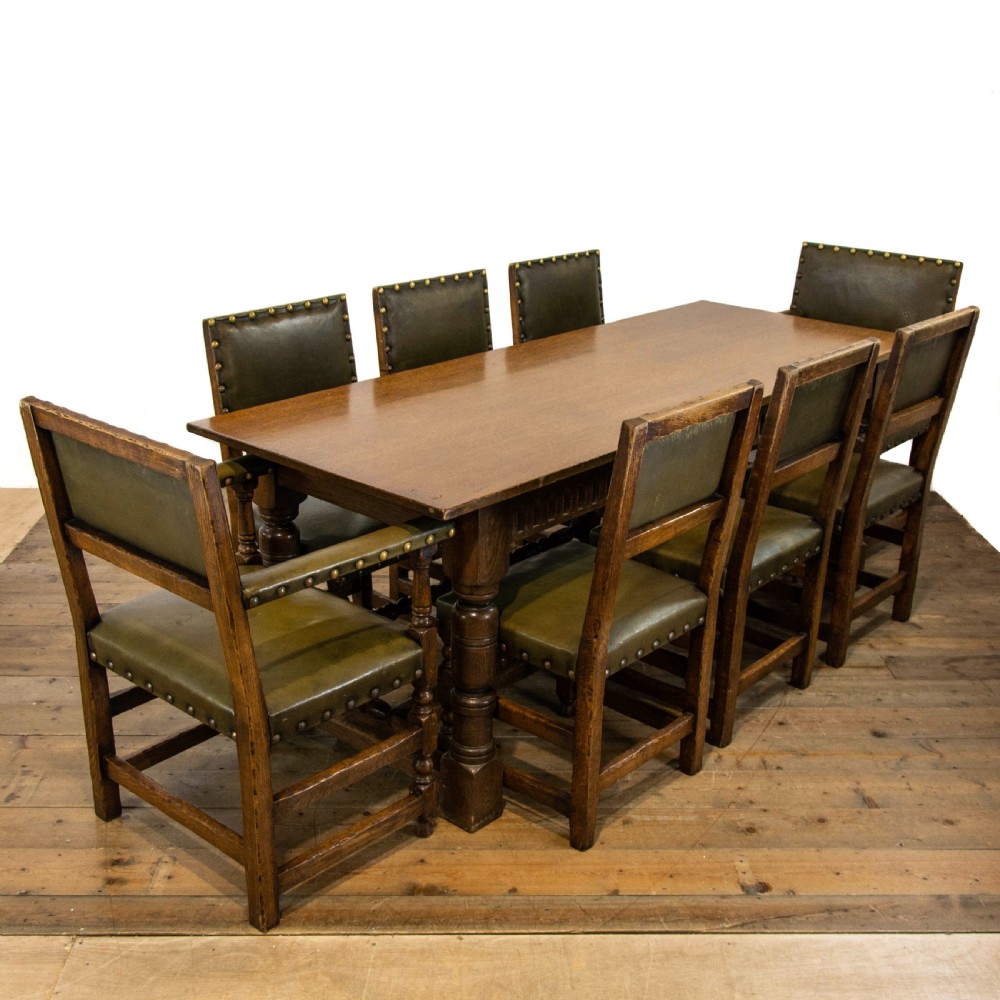 Oak Dining Table with Set of Eight Leather Dining Chairs