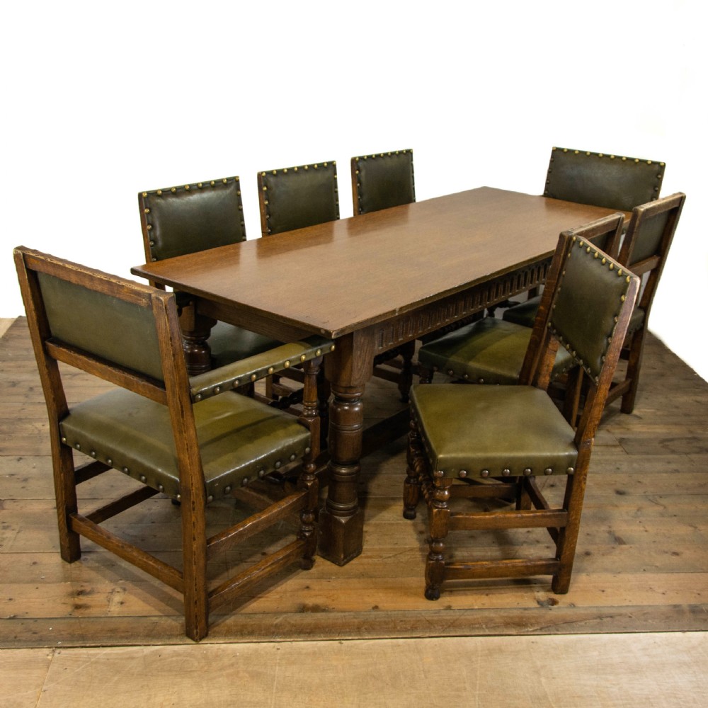 Oak Dining Table with Set of Eight Leather Dining Chairs View II